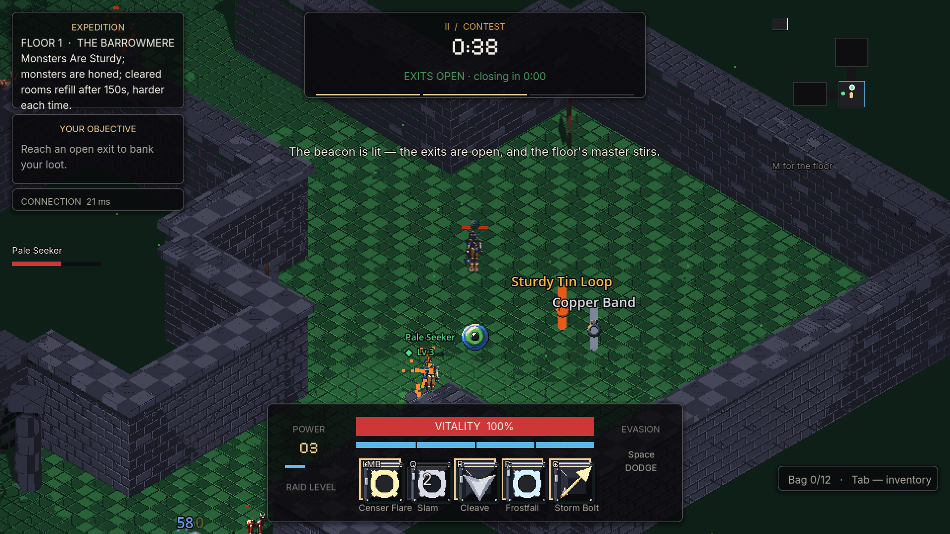 A raid in the Barrowmere during the Contest: the exits are open, dropped items glow beside the player, and the HUD shows the act clock, vitality and the ability bar.