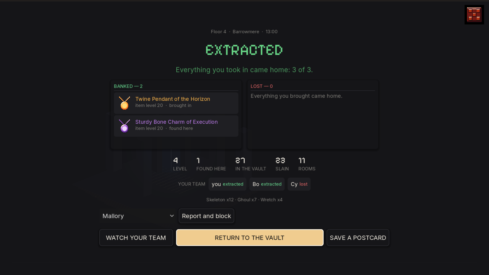 The summary after extracting: the items banked and lost, the team's outcome and the raid's counters.