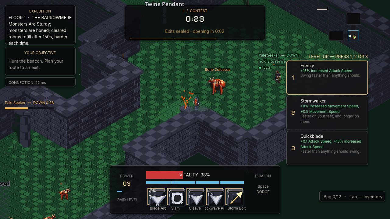 A level-up offer of upgrade cards beside a Bone Colossus, while a downed teammate waits to be revived.